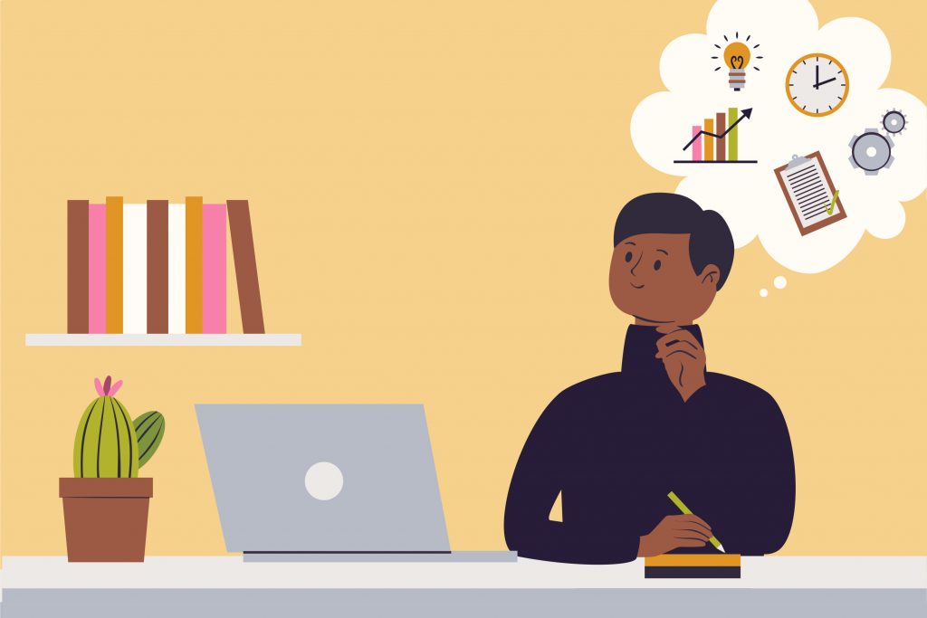 work from home, vector illustration of a creative man thinking ideas in front of a laptop