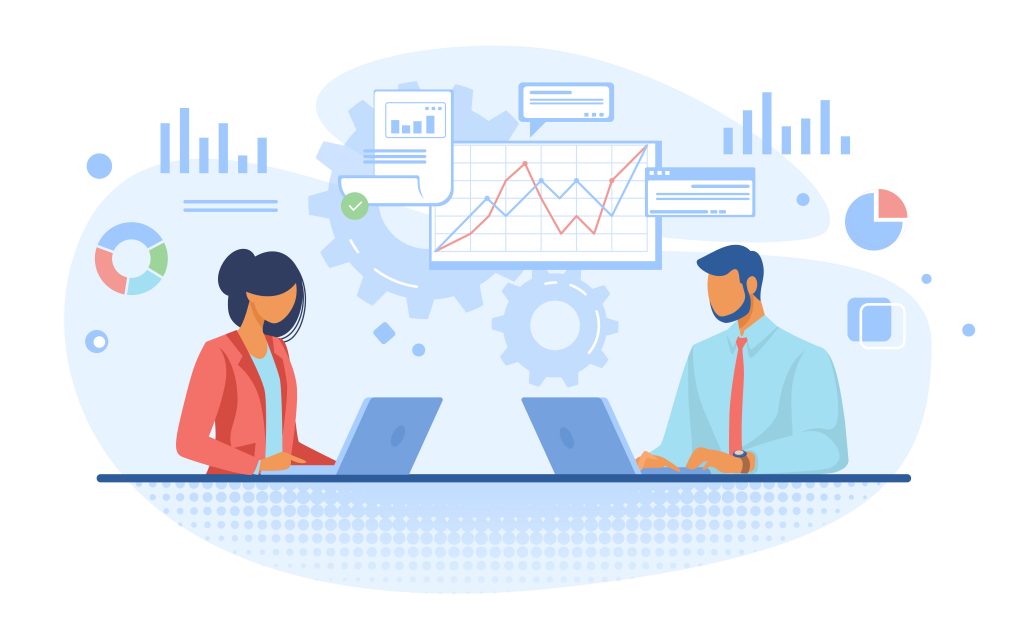 Couple of professionals analyzing graphs. Business people using laptops flat vector illustration. Business, analysis, marketing concept for banner, website design or landing web page