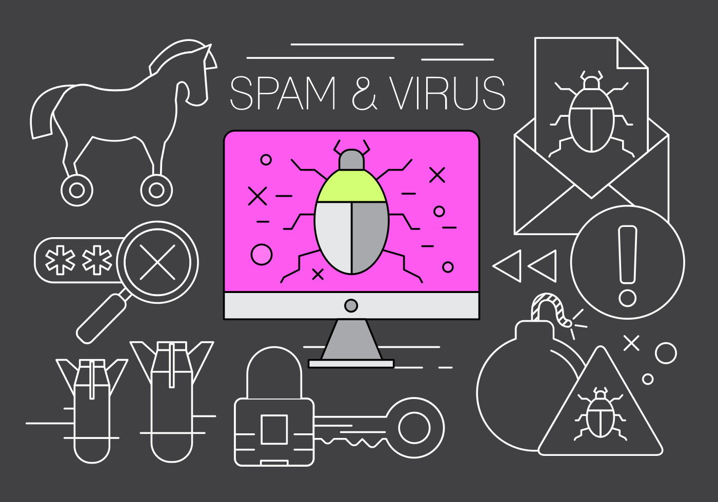 cyber attacks, spam, virus, malware, threat, computer with virus