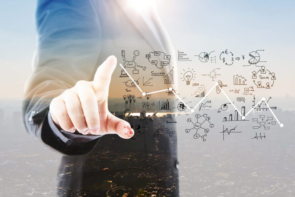 abstract double exposure of business man touching an imaginary screen against white background