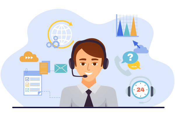Customer service representative with headset and microphone